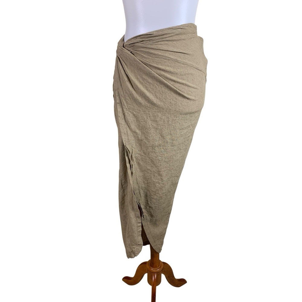 OW Intimates Iris Skirt Taupe Linen Blend Ruched Wrap Midi Skirt Side Slit XS‎